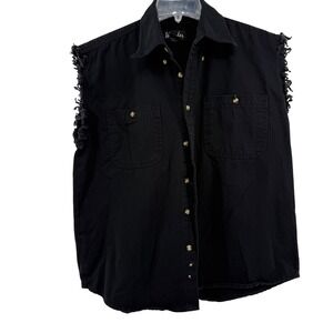 Mens Black Tuckers Denim Sleeveless Shirt Distressed Cutoff Arms Button Up XL
